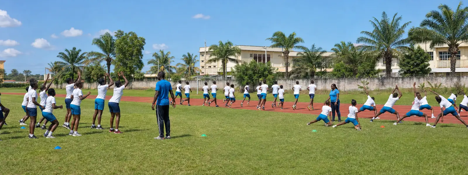 Plusieurs ateliers d'EPS en activité sur un plateau sportif scolaire