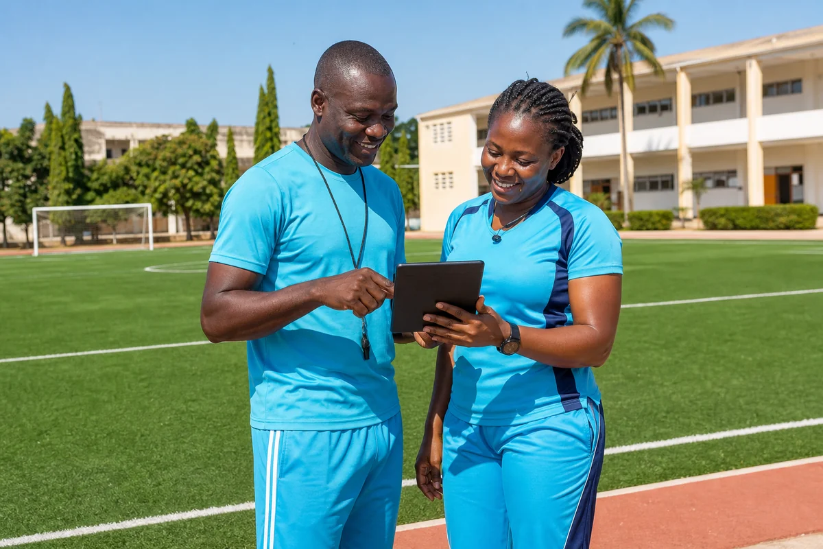 Un enseignant et une enseignante d’EPS ivoiriens consultent une tablette au bord d’un terrain